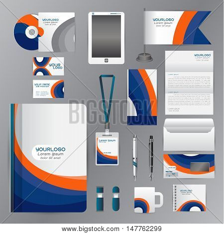 White corporate identity template with blue Orange origami elements. Vector company style for brandbook guideline and Pens mugs CDs books business cards letterhead flag Card Portfolio employees Tablet flash drive
