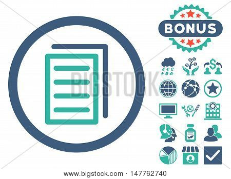 Copy Document icon with bonus elements. Vector illustration style is flat iconic bicolor symbols, cobalt and cyan colors, white background.