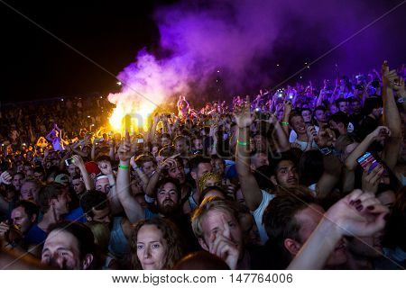 BUDVA- JULY 16 2015: CROWD IN FRONT OF THE MAIN STAGE AT SEA DANCE FESTIVAL 2015 MUSIC FESTIVAL JULY 16 2015 IN BUDVA JAZ BEACH MONTENEGRO