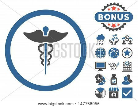 Caduceus icon with bonus elements. Vector illustration style is flat iconic bicolor symbols, cobalt and gray colors, white background.