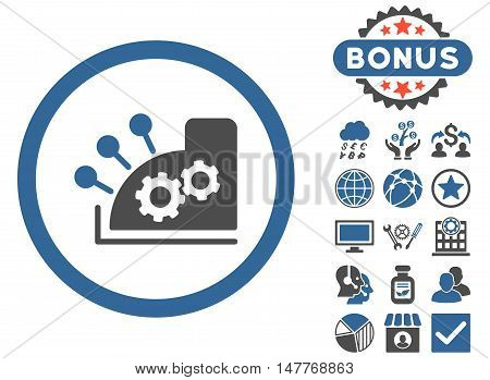 Cash Register icon with bonus images. Vector illustration style is flat iconic bicolor symbols, cobalt and gray colors, white background.