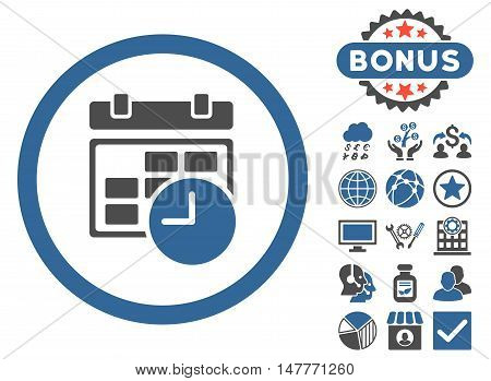 Date and Time icon with bonus pictures. Vector illustration style is flat iconic bicolor symbols, cobalt and gray colors, white background.