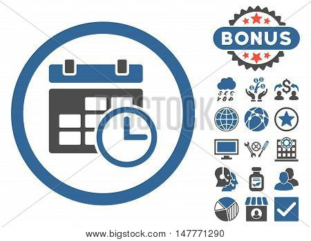 Date and Time icon with bonus symbols. Vector illustration style is flat iconic bicolor symbols, cobalt and gray colors, white background.