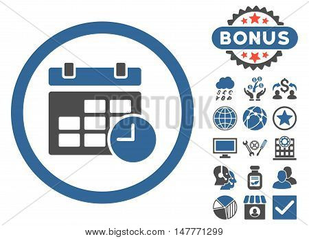 Date and Time icon with bonus pictogram. Vector illustration style is flat iconic bicolor symbols, cobalt and gray colors, white background.