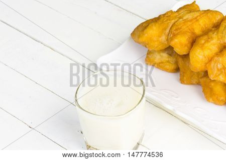 Bread stick or chiness deep fried  or patongko of thai and soy milk .Meal or breakfast of thailand and asia.Close up