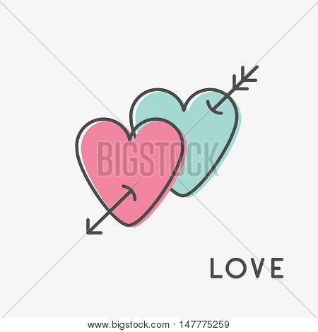 Heart arrow sign symbol. Thin line icon set. Pink and blue color heart couple. Isolated. White background. Flat design. Love greeteng card. Vector illustration