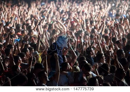 BUDVA- JULY 16 2015: CROWD IN FRONT OF THE MAIN STAGE AT SEA DANCE FESTIVAL 2015 MUSIC FESTIVAL JULY 16 2015 IN BUDVA JAZ BEACH MONTENEGRO