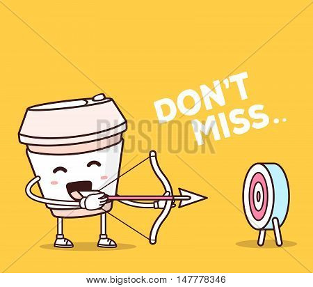 Vector Illustration Of Color Smile Takeaway Coffee Cup Shooting Arrows On Yellow Background. Creativ