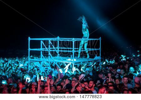 BUDVA- JULY 18 : CROWD IN FRONT OF THE DANCE PARADISO STAGE MORNING SESSION AT BEACH AT SEA DANCE FESTIVAL 2015 MUSIC FESTIVAL JULY 18 2015 IN BUDVA JAZ BEACH MONTENEGRO