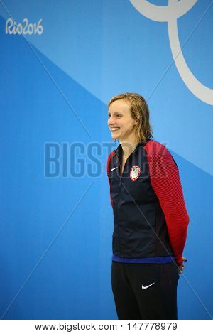 RIO DE JANEIRO, BRAZIL - AUGUST 12, 2016: Olympic champion Katie Ledecky of United States during medal ceremony after victory at the Women's 800m freestyle of the Rio 2016 Olympic Games