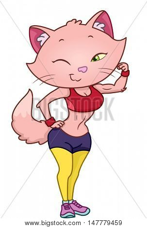 Illustration of a Seductive Cat in Gym Clothes Flexing Her Bicep to Show Her Muscles