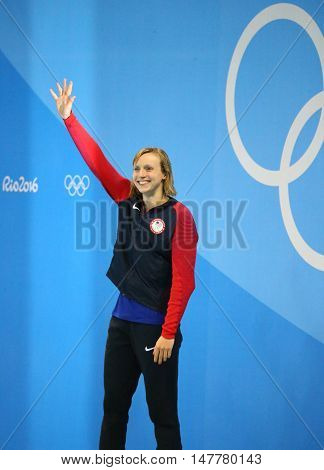 RIO DE JANEIRO, BRAZIL - AUGUST 12, 2016: Olympic champion Katie Ledecky of United States during medal ceremony after victory at the Women's 800m freestyle of the Rio 2016 Olympic Games
