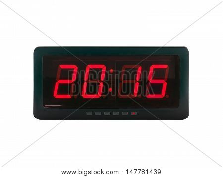 close up red led light illumination numbers 2015 on black digital electric alarm clock face isolated on white background, time symbol concept for celebrating the New Year