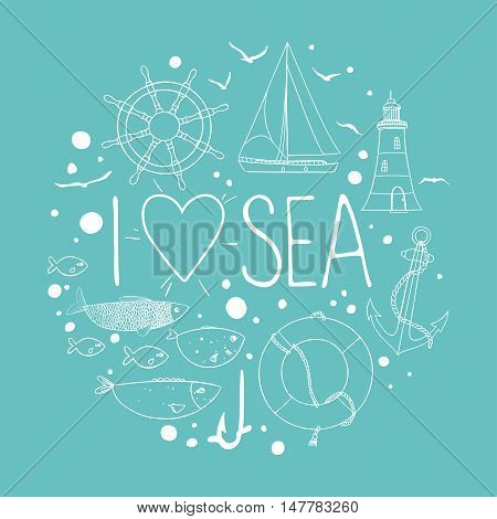 Collection of nautical elements in a circle shape. There are lighthouse, seagull, sailboat, life buoy, fish, anchor and wheel. Contour drawing on a turquoise background. Vector illustration.