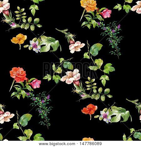 Watercolor painting of leaf and flowers seamless pattern on dark background