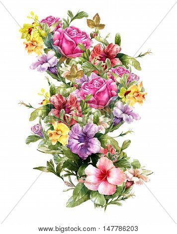 watercolor painting of leaves and flower on white background