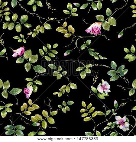 Watercolor painting of leaf and flowers seamless pattern on dark background