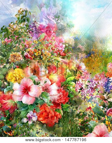 Abstract flowers watercolor painting. Spring multicolored flowers