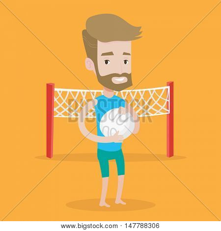 A hipster sportsman with the beard holding volleyball ball in hands. Sportive beach volleyball player standing on a background with voleyball net. Vector flat design illustration. Square layout.