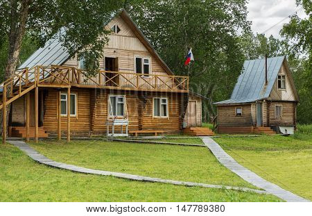 Yelizovo, Russia - August 12, 2016: Tourist base Dzenzur on Zhupanova river. Kronotsky Nature Reserve in Kamchatka Peninsula.