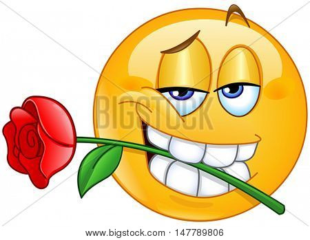 yellow ball holding rose between teeth in mouth