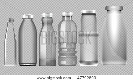 Vector set of transparent glass jar bottle for milk, juice and water mockup ready for your design
