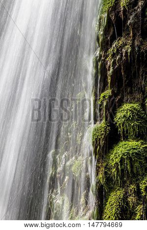 Fresh green moss and moving water of a gorgeous waterfall shoot with slow shutter speed