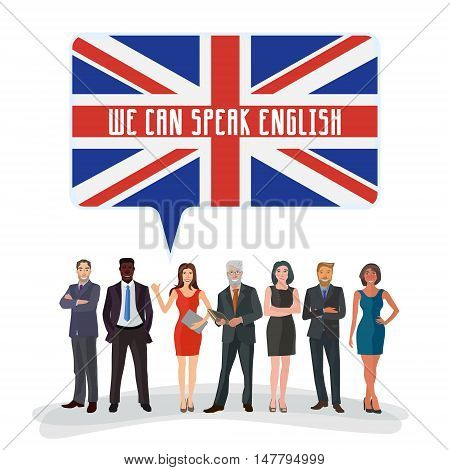 group of business people standing with speech bubble colored in english flag
