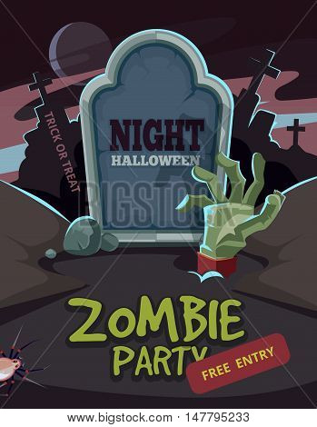 Zombie party vector illustration. Dead Man arm inside the ground in front of tomb. Invitation for halloween nigt