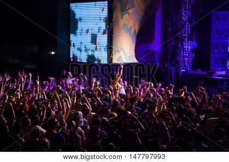 BUDVA- JULY 19 : CROWD IN FRONT OF THE MAIN STAGE MORNING SESSION AT BEACH AT SEA DANCE FESTIVAL 2015 MUSIC FESTIVAL JULY 19 2015 IN BUDVA JAZ BEACH MONTENEGRO