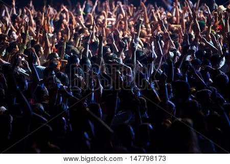BUDVA- JULY 19 : CROWD IN FRONT OF THE MAIN STAGE MORNING SESSION AT BEACH AT SEA DANCE FESTIVAL 2015 MUSIC FESTIVAL JULY 19 2015 IN BUDVA JAZ BEACH MONTENEGRO
