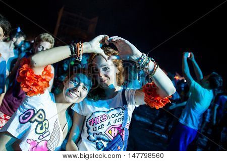 BUDVA- JULY 19 : CROWD IN FRONT OF THE MAIN STAGE MORNING SESSION AT BEACH AT SEA DANCE FESTIVAL 2015 MUSIC FESTIVAL JULY 19 2015 IN BUDVA JAZ BEACH MONTENEGRO