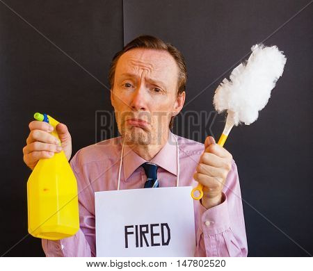 a man is sad because he was fired and has to deal with to do the cleaning work with the detergent and the duster