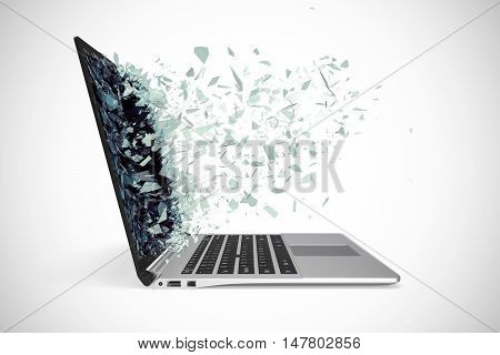 Modern metal laptop with broken screen isolated on white background. 3d illustration.