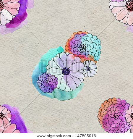 Seamless floral pattern with asters and daisy flowers. Floral watercolor background.
