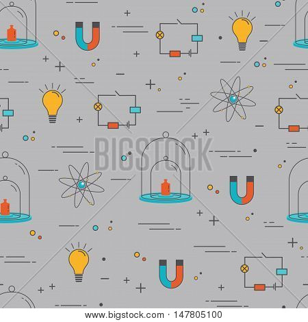 Vector seamless pattern with icons - physics. Science and educational background.