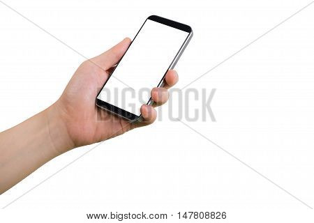 human left hand hold smart phone tablet cellphone with white blank screen on isolate white background.