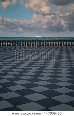 Livorno' s Mascagni Terrace and White Ferry-boat in Background Tuscany - Italy
