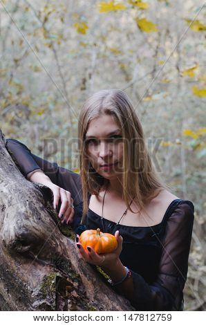 Portrait Of A Young Long-haired Blond Girl In A Black Dress Posing With A Pumpkin