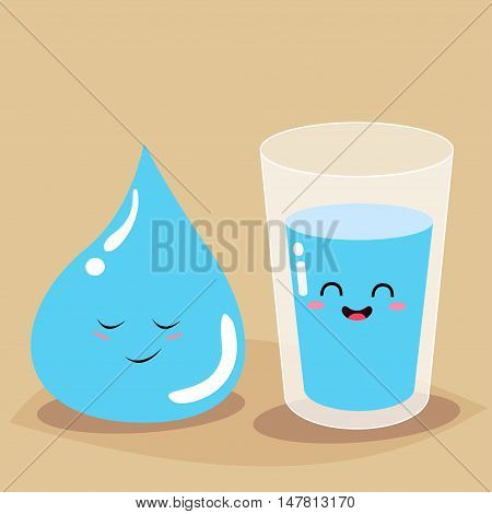 Glass of water and drop water with the inscription drink more water. Vector illustration.
