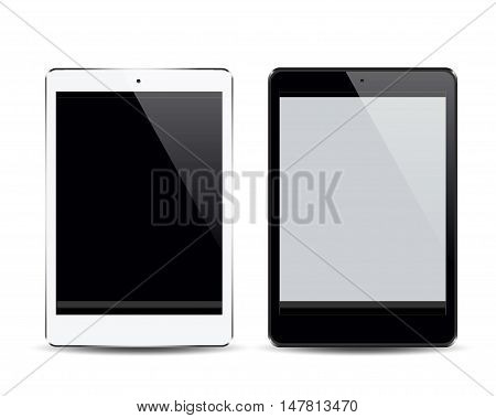 Realistic black and white tablet pc computers with blank screen isolated on white background. Vector eps10 illustration