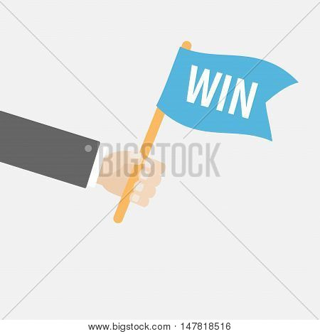 Businessman hand holding flag with word Win. Motocross sport finishing. Car racing competition atribute. Flat design style. White background. Isolated. Vector illustration