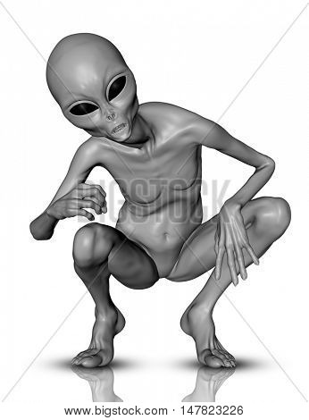 3D render of a grey alien in a crouching position