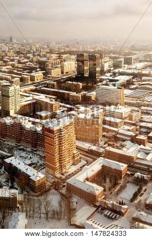 Panorama view of Moscow Russia. Aerial view on Horoshevo district. Early winter morning sunrise.