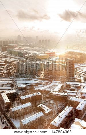 Panorama view of Moscow Russia. Aerial view on Horoshevo district. Early winter morning sunrise.