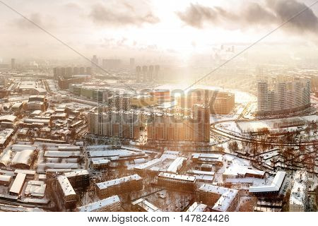 Panorama view of Moscow Russia. Aerial view on Horoshevo district. Early winter morning sunrise.