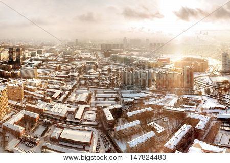 Panorama view of Moscow Russia. Aerial view on Horoshevo district. Early winter morning sunrise.