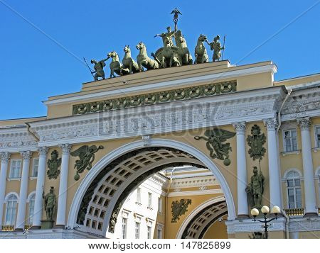 The triumphal arch of the General staff. Arc de Triomphe. Monument of architecture. Architectural monument. Landmark. Tourist attraction. Historic building. Saint Petersburg, Russia.