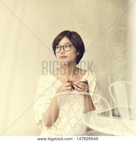 Asian Girl Drinking Tea Beverage Refreshment Relaxation Concept