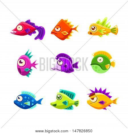 Colorful Cartoon Tropical Fish Collection Of Bright Color Vector Icons Isolated On White Background. Cute Childish Fantastic Animal Characters Design.
